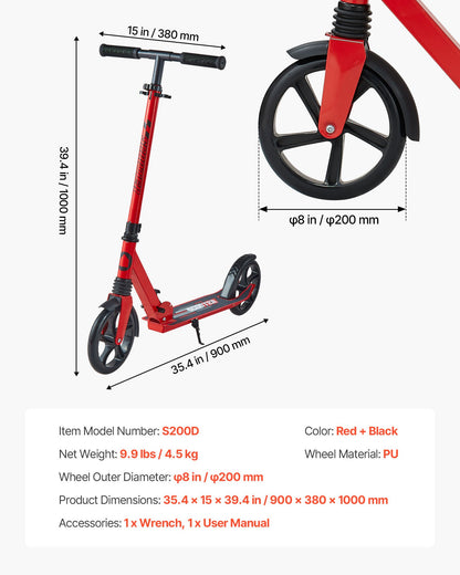 Kick Scooter for Kids Ages 8+, Teens & Adults, 2-Wheel Toddler Scooter with Adjustable Height Handlebar, Wide Anti-Slip Deck, Foldable Lightweight for Boys & Girls up to 99.8 kg, Red + Black