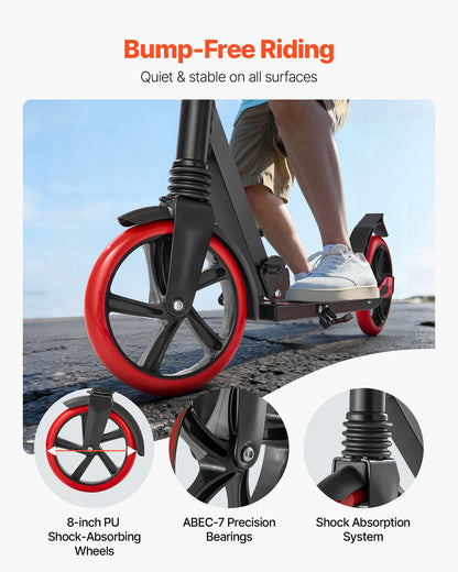 Kick Scooter for Kids Ages 8+, Teens & Adults, 2-Wheel Toddler Scooter with Adjustable Height Handlebar, Wide Anti-Slip Deck, Foldable Lightweight for Boys & Girls up to 99.8 kg, Black + Red