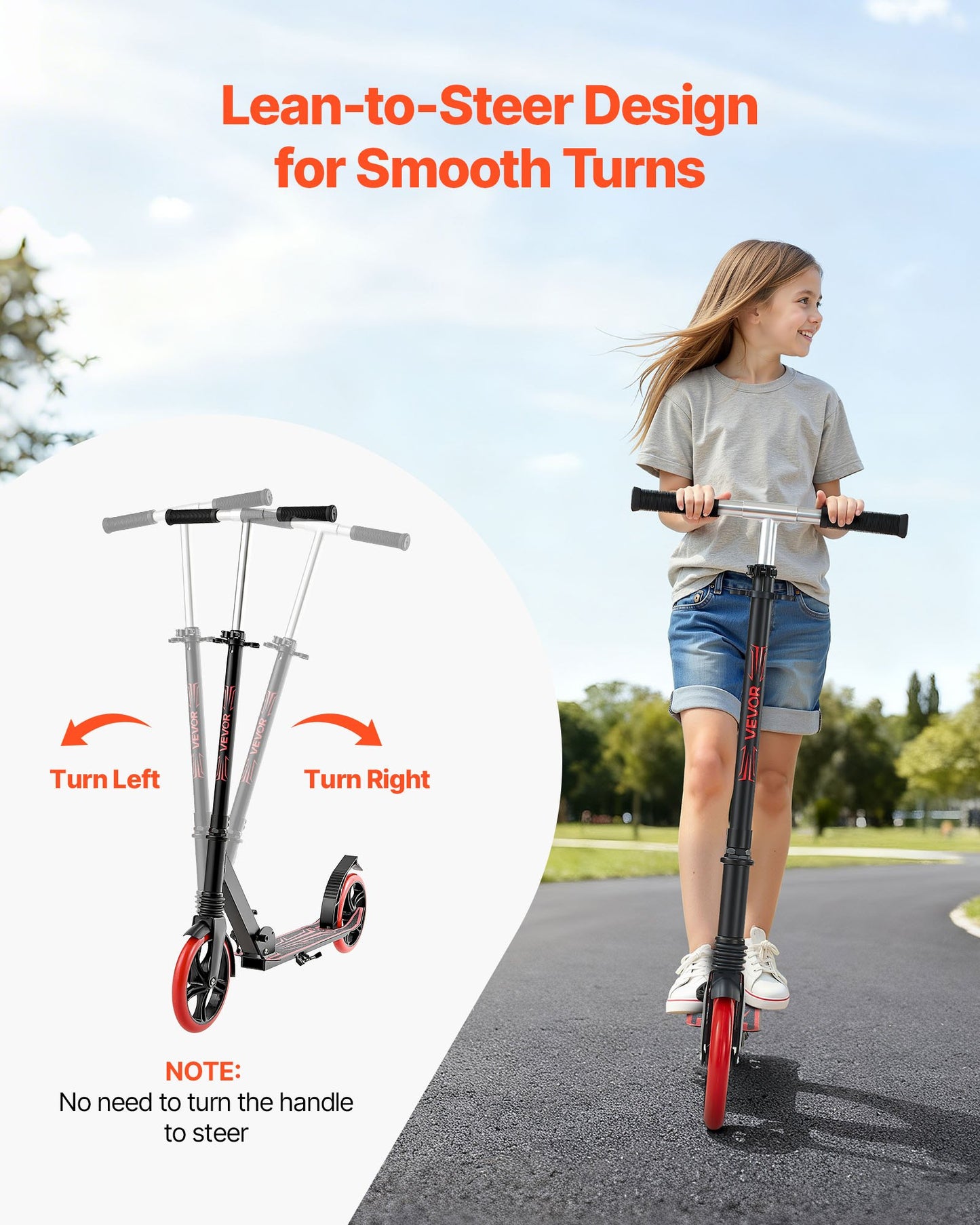 Kick Scooter for Kids Ages 8+, Teens & Adults, 2-Wheel Toddler Scooter with Adjustable Height Handlebar, Wide Anti-Slip Deck, Foldable Lightweight for Boys & Girls up to 99.8 kg, Black + Red