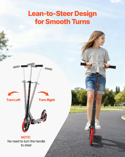 Kick Scooter for Kids Ages 8+, Teens & Adults, 2-Wheel Toddler Scooter with Adjustable Height Handlebar, Wide Anti-Slip Deck, Foldable Lightweight for Boys & Girls up to 99.8 kg, Black + Red