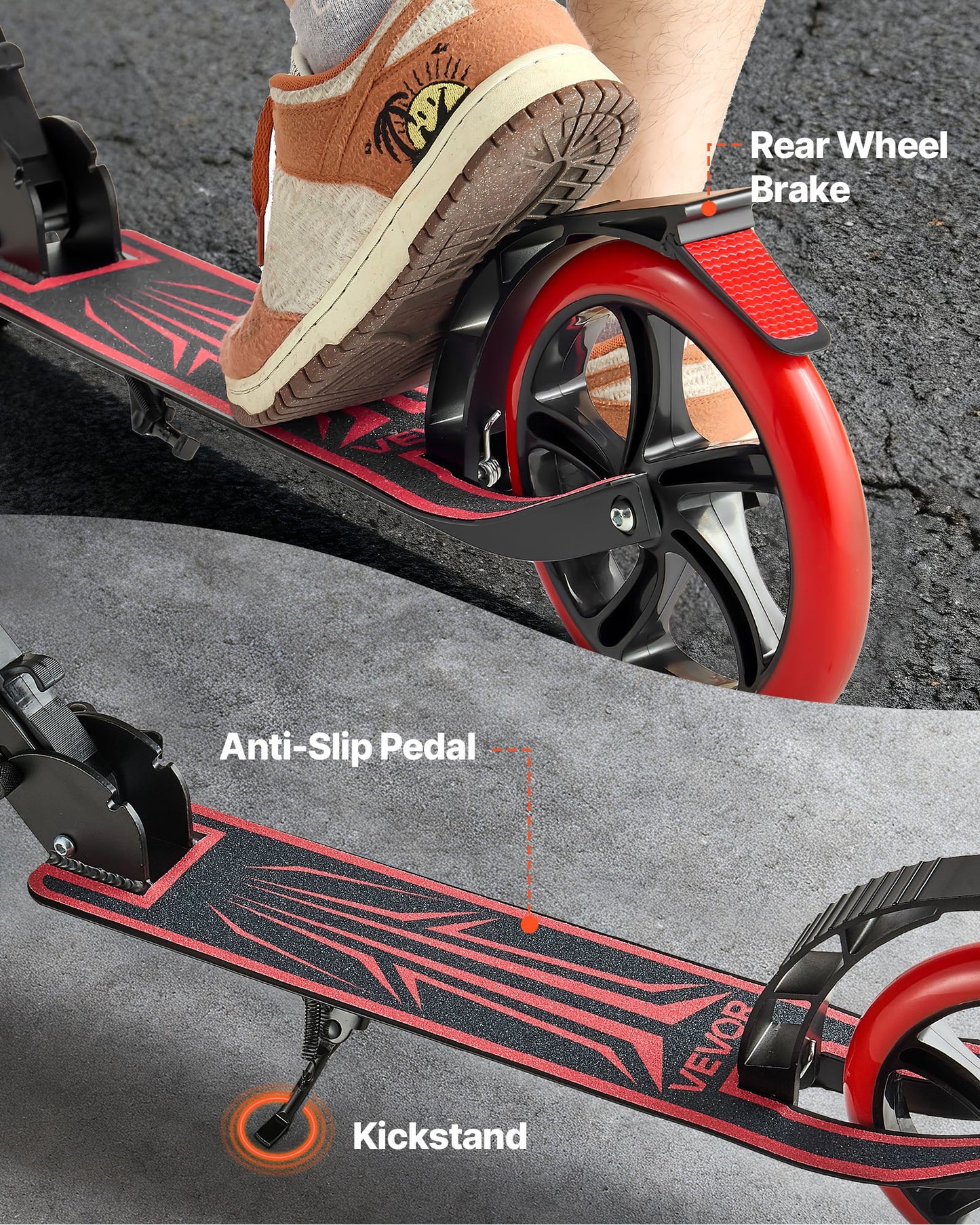 Kick Scooter for Kids Ages 8+, Teens & Adults, 2-Wheel Toddler Scooter with Adjustable Height Handlebar, Wide Anti-Slip Deck, Foldable Lightweight for Boys & Girls up to 99.8 kg, Black + Red