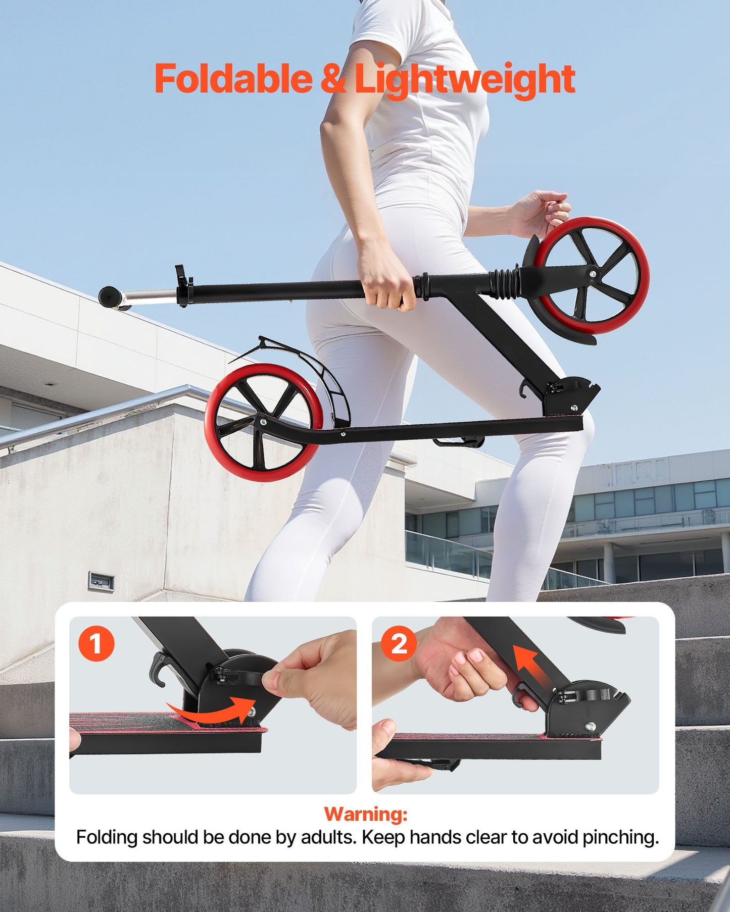 Kick Scooter for Kids Ages 8+, Teens & Adults, 2-Wheel Toddler Scooter with Adjustable Height Handlebar, Wide Anti-Slip Deck, Foldable Lightweight for Boys & Girls up to 99.8 kg, Black + Red