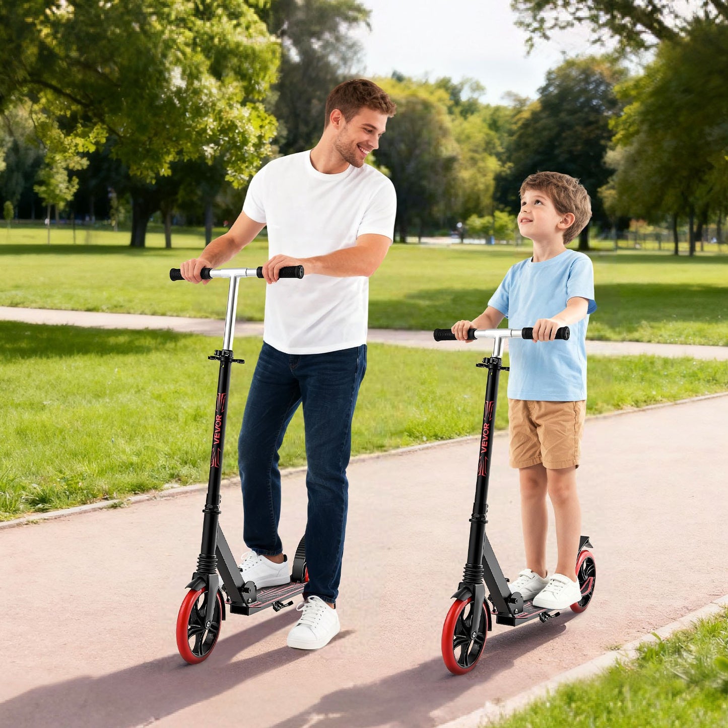 Kick Scooter for Kids Ages 8+, Teens & Adults, 2-Wheel Toddler Scooter with Adjustable Height Handlebar, Wide Anti-Slip Deck, Foldable Lightweight for Boys & Girls up to 99.8 kg, Black + Red