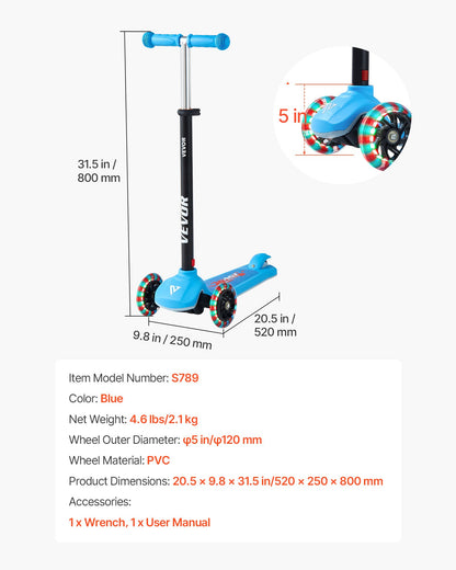 Kick Scooter for Kids Ages 3+, 3-Wheel Toddler Scooter with Light-Up Wheels, Adjustable Height Handlebar, Wide Anti-Slip Deck, Lightweight Aluminum Frame for Boys and Girls up to 74.8 kg, Blue