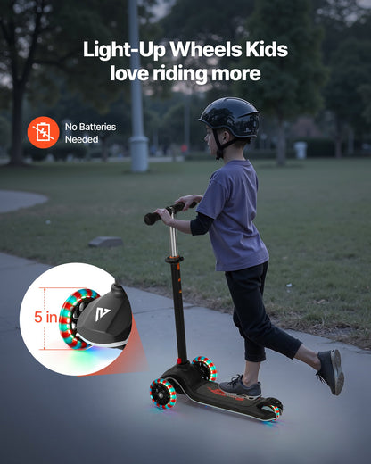Kick Scooter for Kids Ages 3+, 3-Wheel Toddler Scooter with Light-Up Wheels, Adjustable Height Handlebar, Wide Anti-Slip Deck, Lightweight Aluminum Frame for Boys & Girls up to 74.8 kg, Black