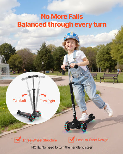 Kick Scooter for Kids Ages 3+, 3-Wheel Toddler Scooter with Light-Up Wheels, Adjustable Height Handlebar, Wide Anti-Slip Deck, Lightweight Aluminum Frame for Boys & Girls up to 74.8 kg, Black