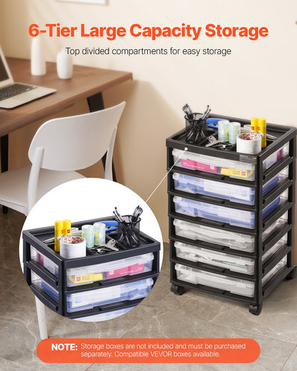 Scrapbook Rolling Storage Cart, 6-Tier Large Capacity with Organizer Top, Black Frame with 4 Removable Wheels, PP Material Cart Only, Rolling Craft Storage for Office Arts and Crafts Supplies