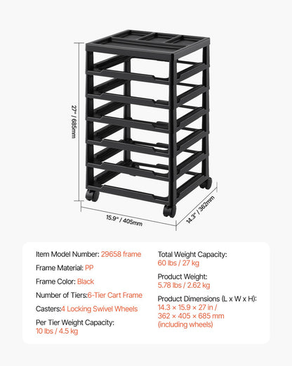Scrapbook Rolling Storage Cart, 6-Tier Large Capacity with Organizer Top, Black Frame with 4 Removable Wheels, PP Material Cart Only, Rolling Craft Storage for Office Arts and Crafts Supplies