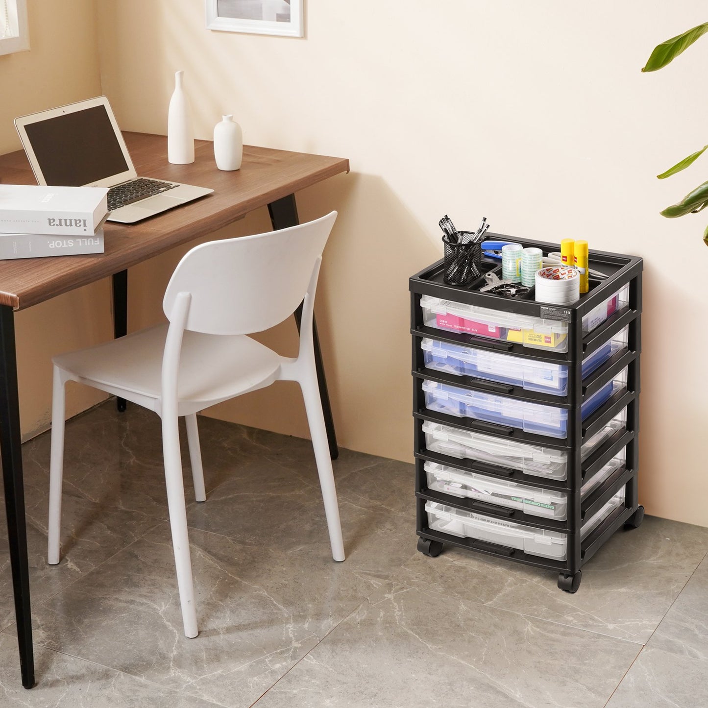 Scrapbook Rolling Storage Cart, 6-Tier Large Capacity with Organizer Top, Black Frame with 4 Removable Wheels, PP Material Cart Only, Rolling Craft Storage for Office Arts and Crafts Supplies