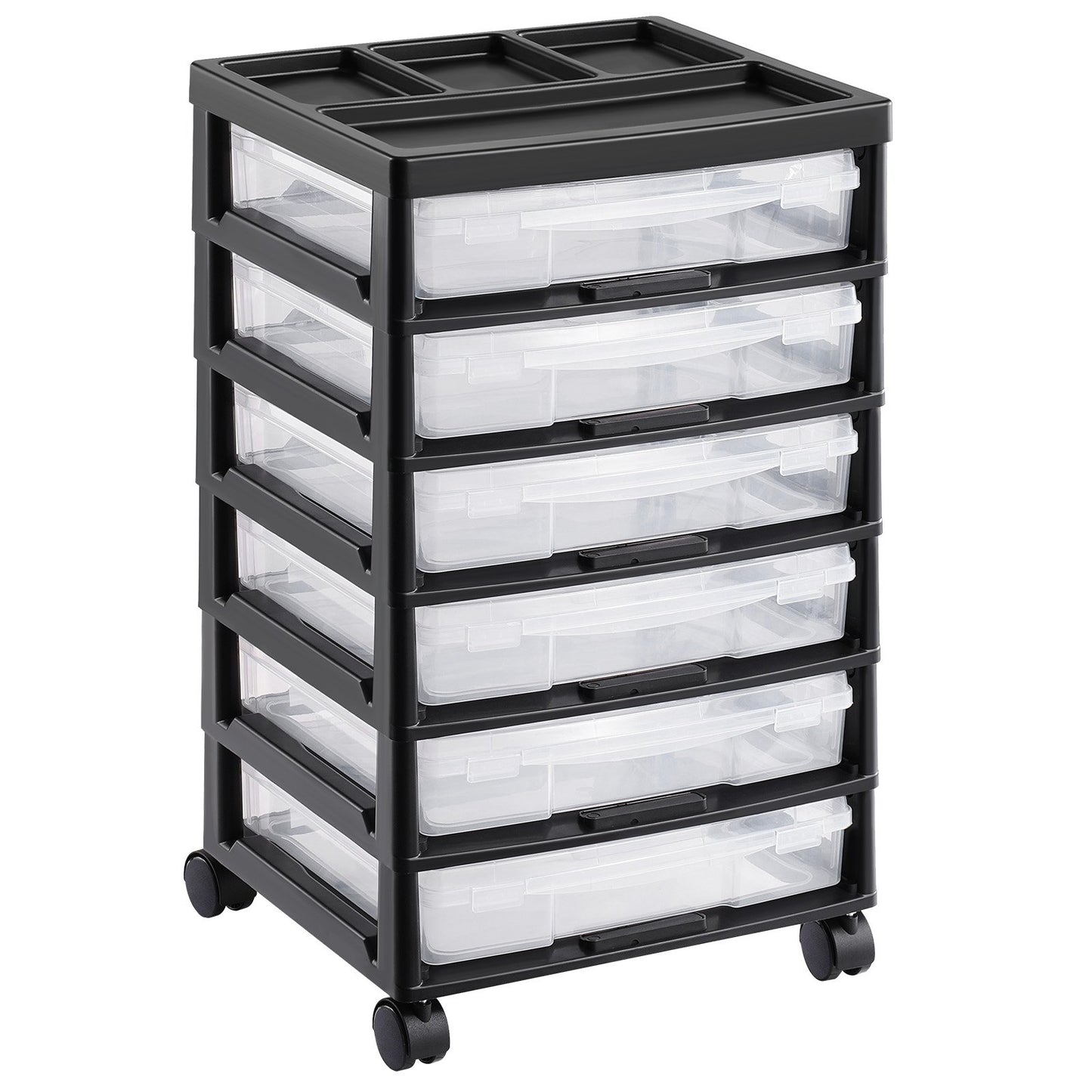 Scrapbook Rolling Storage Cart, 6-Tier Large Capacity with Organizer Top, Black Frame with 6 Clear Cases and 4 Removable Wheels, Storage Organizer Rolling Cart for Arts and Crafts Supplies