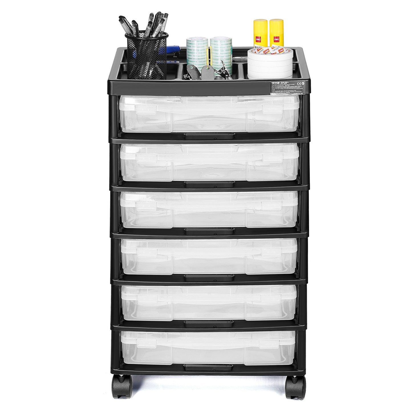 Scrapbook Rolling Storage Cart, 6-Tier Large Capacity with Organizer Top, Black Frame with 6 Clear Cases and 4 Removable Wheels, Storage Organizer Rolling Cart for Arts and Crafts Supplies