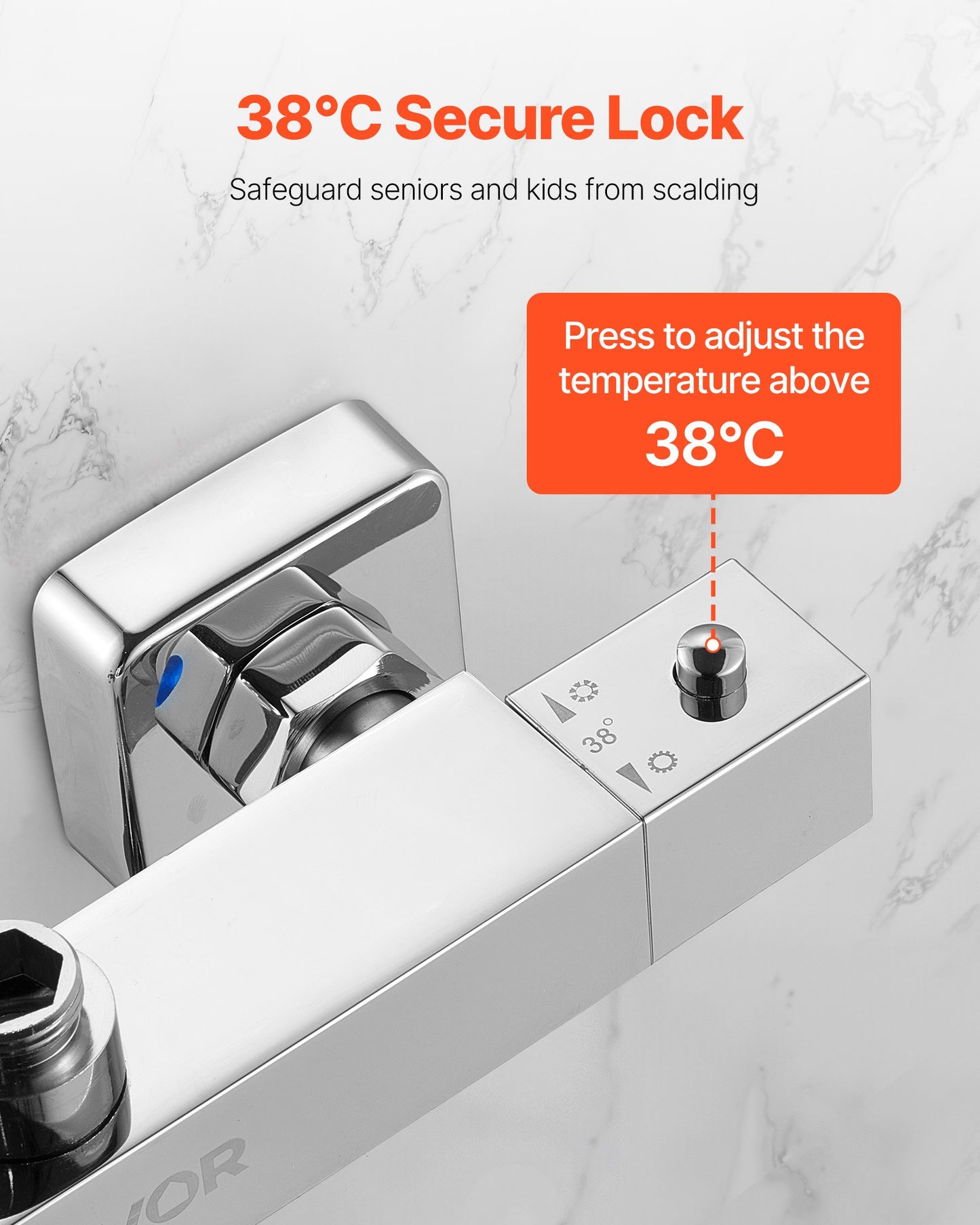 Thermostatic Shower Faucet Valve, 38℃ Secure Lock Thermostatic Shower Faucet Valve, Hot Cold Water Showering Faucets Temperature Control Valves for Bathroom, RV, Hotel, Two Holes & Chrome Silver