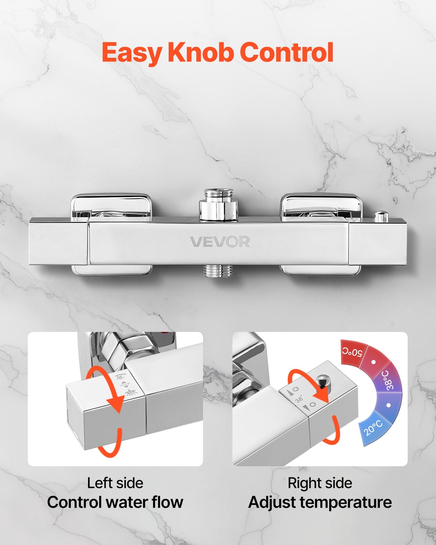 Thermostatic Shower Faucet Valve, 38℃ Secure Lock Thermostatic Shower Faucet Valve, Hot Cold Water Showering Faucets Temperature Control Valves for Bathroom, RV, Hotel, Two Holes & Chrome Silver