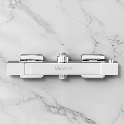 Thermostatic Shower Faucet Valve, 38℃ Secure Lock Thermostatic Shower Faucet Valve, Hot Cold Water Showering Faucets Temperature Control Valves for Bathroom, RV, Hotel, Two Holes & Chrome Silver