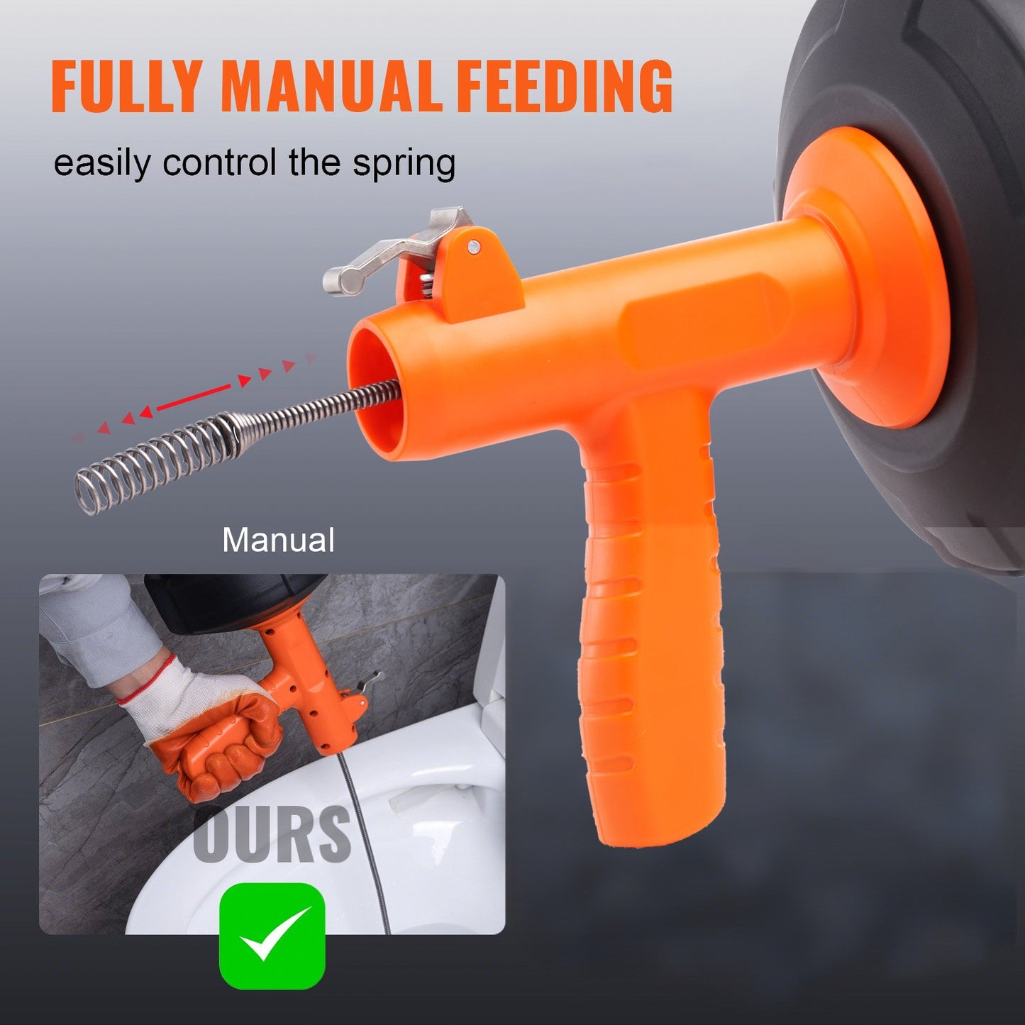 Drain Auger 762 cm, Plumbing Snake Auto Feed, Plumbers Snake with Drill Attachment, Pipe Snake Drain Clog Remover for Kitchen Bathroom Shower Sink with Protective Hose and Gloves