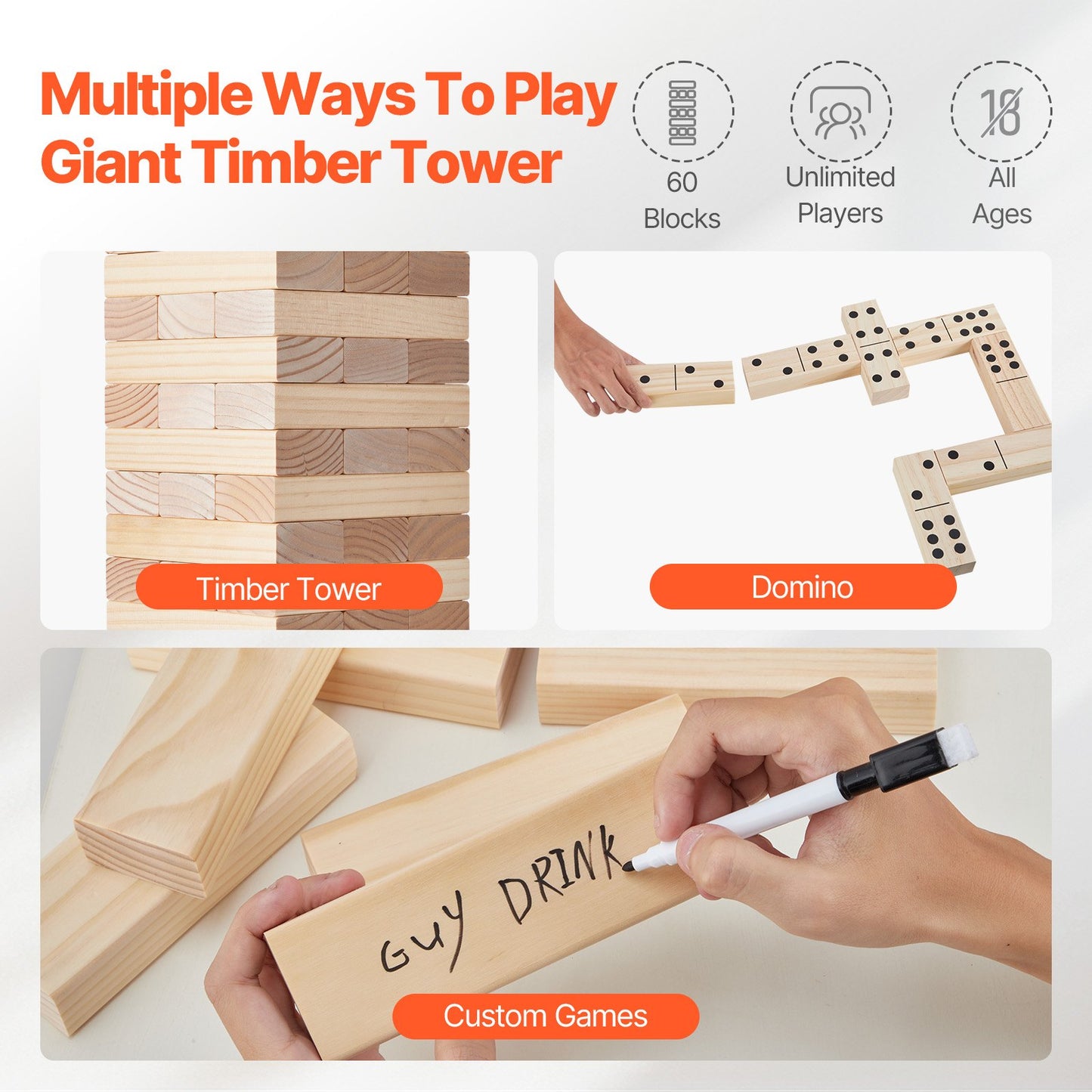 Tumbling Timber Toy, 60 Blocks Giant Tumble Tower Blocks Game, Pine Wood Tumbling Tower Game with Carry Bag and Scoreboard, Wooden Stacking Game, Tumble Tower Family Games for Indoor/Outdoor