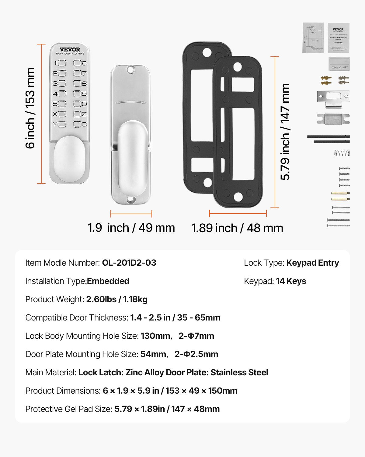 Mechanical Keyless Entry Door Lock, 14 Key Mechanical Door Lock, Mechanical Keypad Door Knob, Single-Side Stainless Steel Waterproof Keyless Gate Lock, for Home Office Outdoor Fence Garage Yard