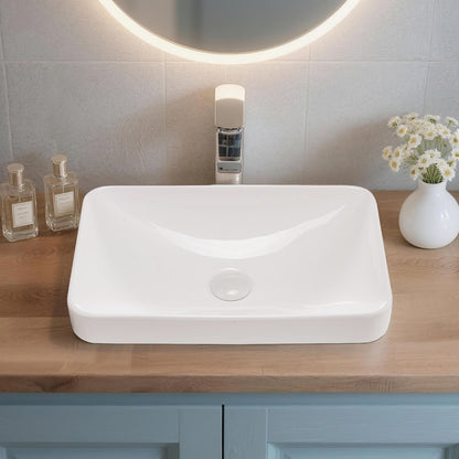 Semi Recessed Bathroom Sink, 490 x 305 mm Rectangular White Ceramic Vessel Sink with 45 mm Drain Hole, Drop in Modern Lavatory Vanity Bath Wash Bowl Basin, Rectangle for Bathroom Small Space