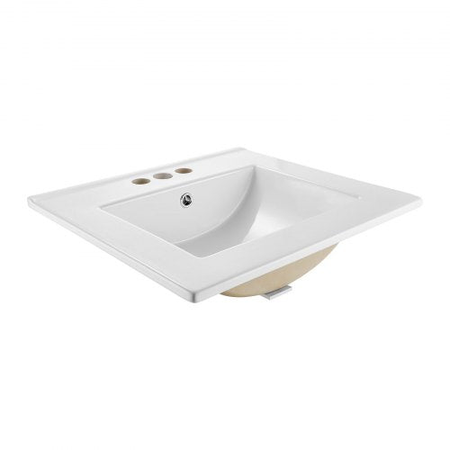 Semi Recessed Bathroom Sink, 510 x 465 mm Rectangular White Ceramic Vessel Sink with Overflow and 3 Faucet Holes, Drop in Modern Lavatory Vanity Bath Wash Bowl Basin Rectangle for Small Space