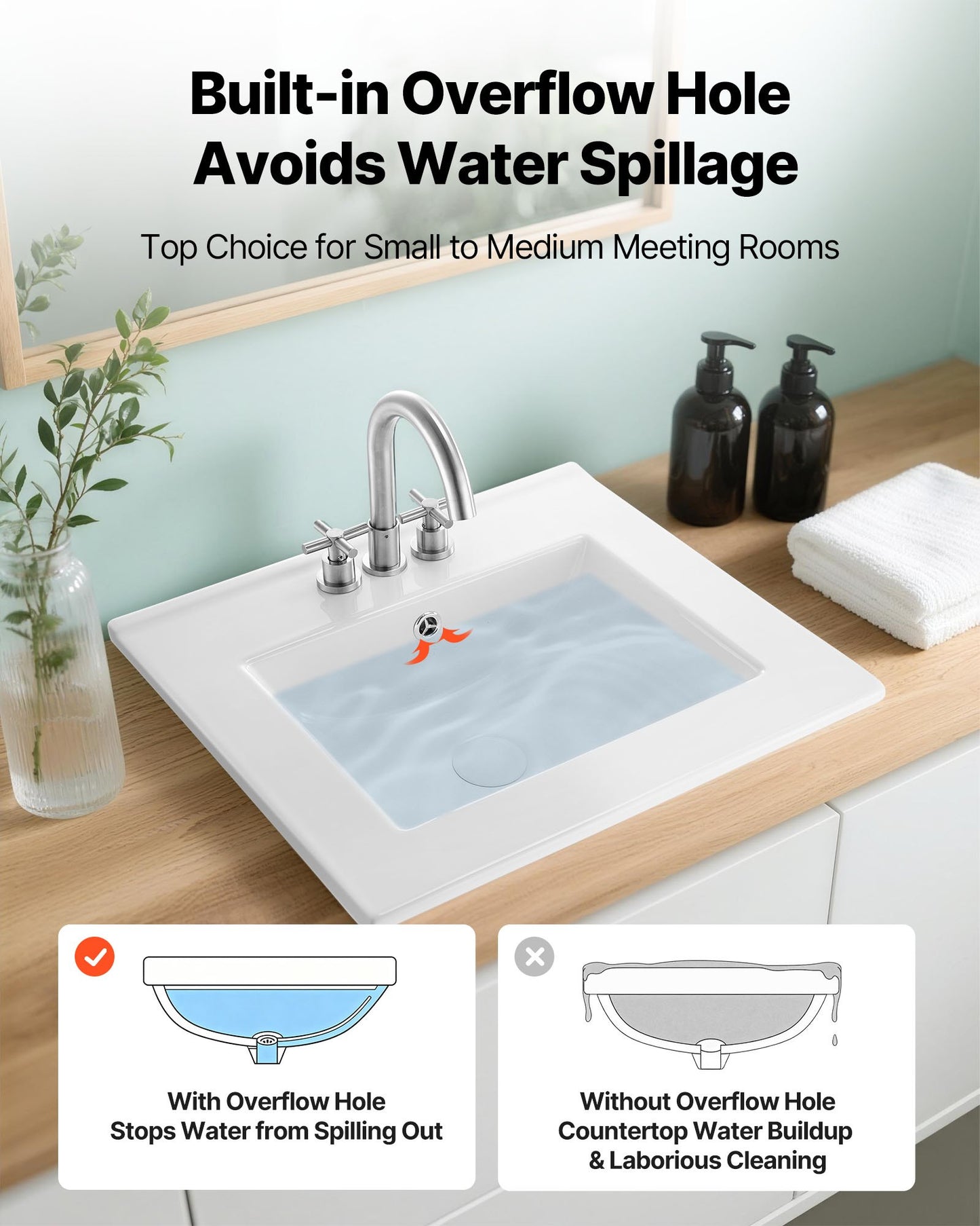 Semi Recessed Bathroom Sink, 510 x 465 mm Rectangular White Ceramic Vessel Sink with Overflow and 3 Faucet Holes, Drop in Modern Lavatory Vanity Bath Wash Bowl Basin Rectangle for Small Space