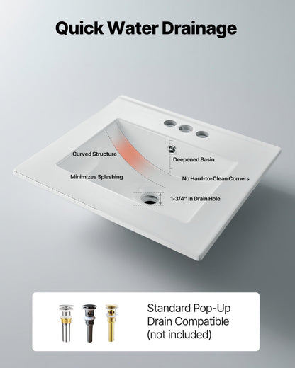 Semi Recessed Bathroom Sink, 510 x 465 mm Rectangular White Ceramic Vessel Sink with Overflow and 3 Faucet Holes, Drop in Modern Lavatory Vanity Bath Wash Bowl Basin Rectangle for Small Space