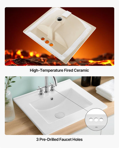 Semi Recessed Bathroom Sink, 510 x 465 mm Rectangular White Ceramic Vessel Sink with Overflow and 3 Faucet Holes, Drop in Modern Lavatory Vanity Bath Wash Bowl Basin Rectangle for Small Space