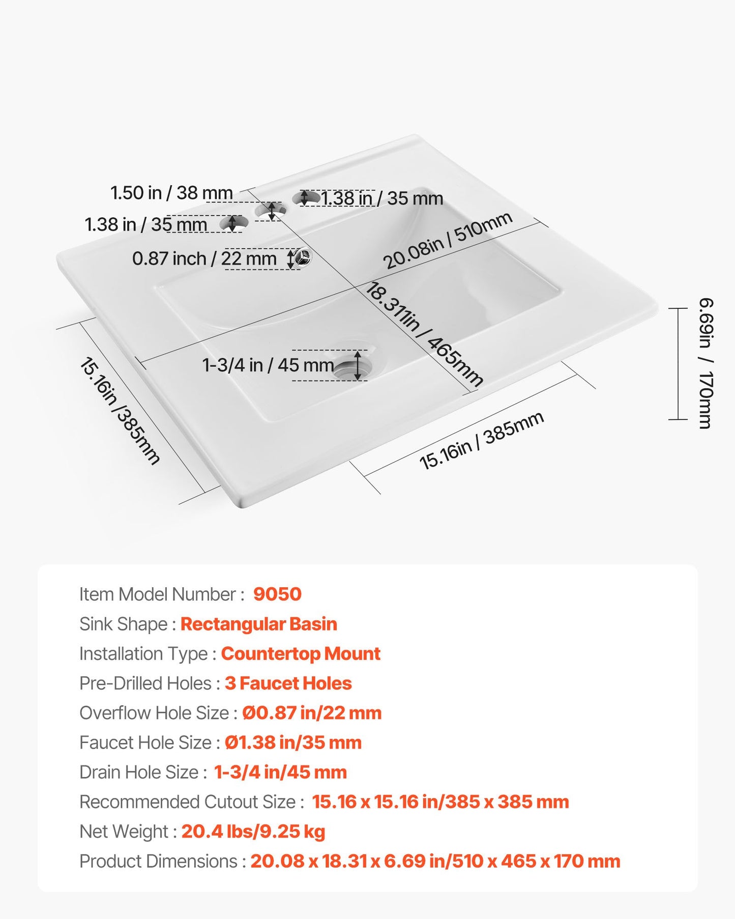 Semi Recessed Bathroom Sink, 510 x 465 mm Rectangular White Ceramic Vessel Sink with Overflow and 3 Faucet Holes, Drop in Modern Lavatory Vanity Bath Wash Bowl Basin Rectangle for Small Space