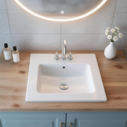 Semi Recessed Bathroom Sink, 510 x 465 mm Rectangular White Ceramic Vessel Sink with Overflow and 3 Faucet Holes, Drop in Modern Lavatory Vanity Bath Wash Bowl Basin Rectangle for Small Space