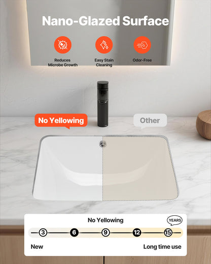 Undermount Bathroom Sink, 515 x 385 mm Rectangular White Ceramic Vessel Sink with Overflow Hole, Under Counter Drop in Modern Lavatory Vanity Bath Wash Bowl Basin, Rectangle for Small Space