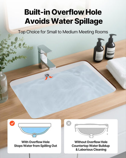 Undermount Bathroom Sink, 515 x 385 mm Rectangular White Ceramic Vessel Sink with Overflow Hole, Under Counter Drop in Modern Lavatory Vanity Bath Wash Bowl Basin, Rectangle for Small Space