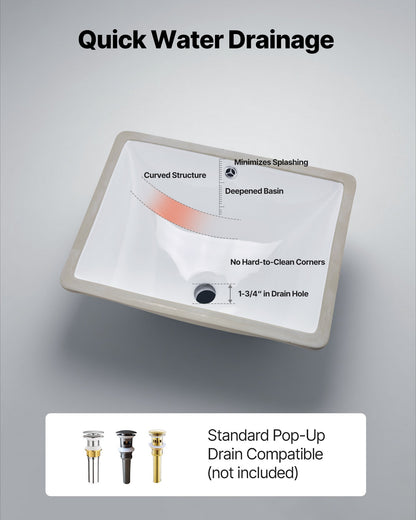Undermount Bathroom Sink, 515 x 385 mm Rectangular White Ceramic Vessel Sink with Overflow Hole, Under Counter Drop in Modern Lavatory Vanity Bath Wash Bowl Basin, Rectangle for Small Space