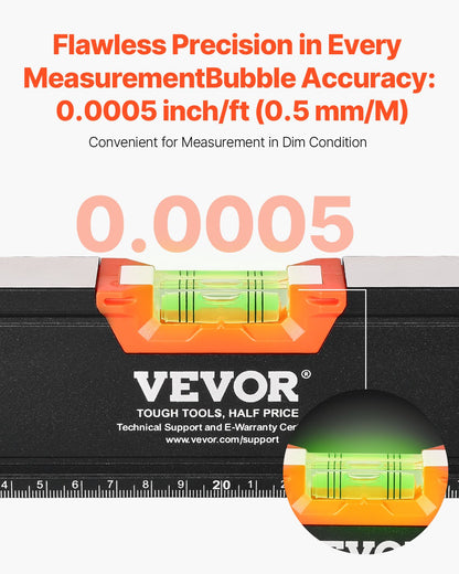 4-Piece Torpedo Level, 48/24/16/10 Inch All Magnetic Levels Set, Fluorescent Light Up Bubble Vials Ruler for 45/90/180 Degree, Aluminum Alloy Magnetic Box Leveler Tool, SAE and Metric Scale