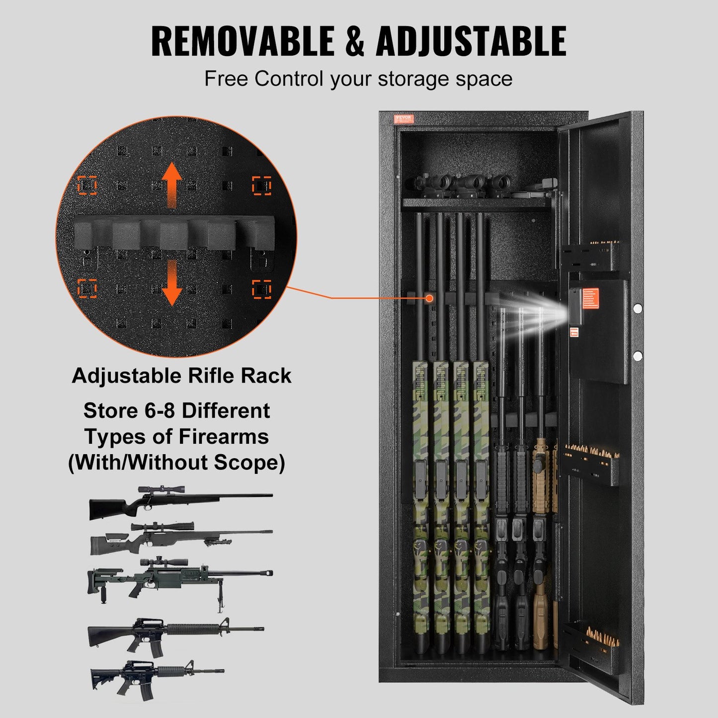 6-8 Rifles Gun Safe, Rifle Safe with Lock & Digital Keypad, Quick Access Tall Gun Storage Cabinet with Removable Shelf, Rifle Cabinet for Home Rifle and Shotguns