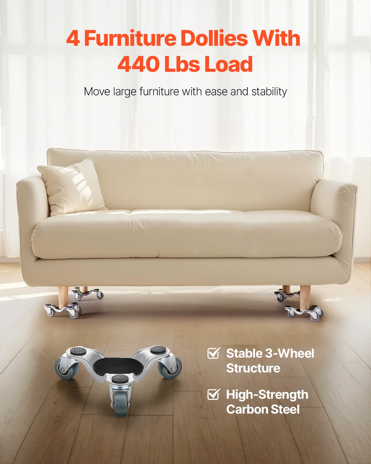 Furniture Dolly, 440 lbs Load Capacity, 3 Wheel Steel 6.3" Tri-dolly Heavy Duty Mover with Triangle Swivel Caster, Carbon Steel Panel, Furniture Lift Mover Tool Set for Appliances, Sofa, Fridge