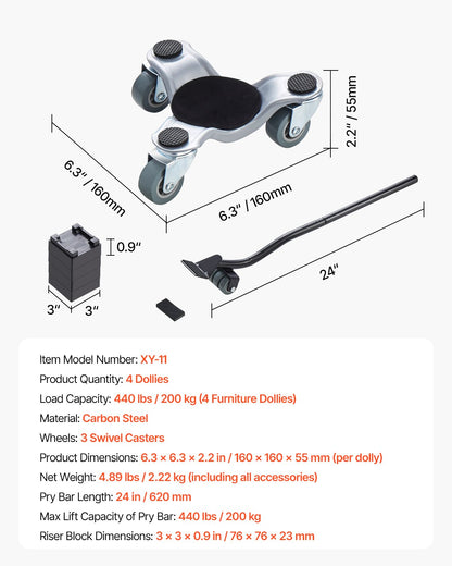 Furniture Dolly, 440 lbs Load Capacity, 3 Wheel Steel 6.3" Tri-dolly Heavy Duty Mover with Triangle Swivel Caster, Carbon Steel Panel, Furniture Lift Mover Tool Set for Appliances, Sofa, Fridge