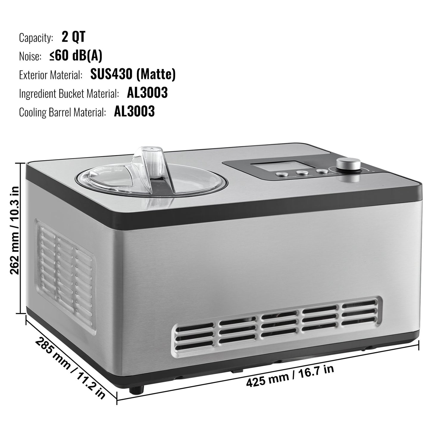 1.9 L Automatic Ice Cream Machine Electric Yogurt Gelato Make Silver