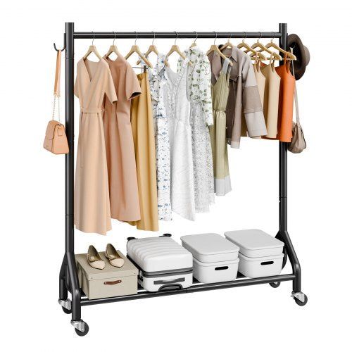 Clothes Rack, Rolling Clothing Garment Rack with Hanging Rod and Side Hooks, 90 kg Load Capacity, Heavy Duty Carbon Steel Clothing Racks with Wheels, Ideal for Bedroom, Laundry, Living Room