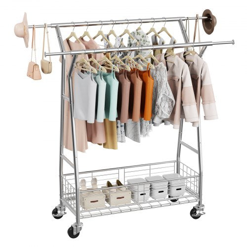 Clothes Rack, Rolling Clothing Garment Rack with 2 Hanging Rods and Storage Basket, 150 kg Load Capacity, Extendable Carbon Steel Clothing Racks with Wheels for Bedroom, Laundry, Living Room