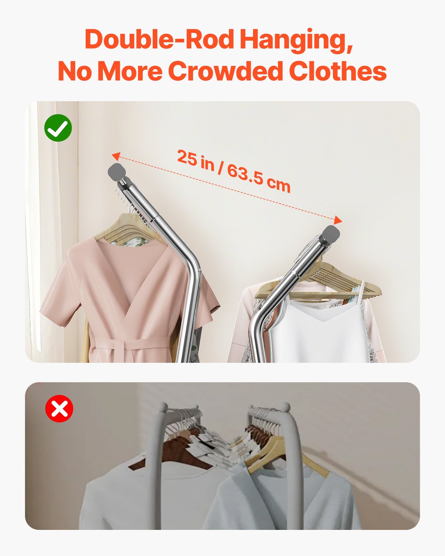 Clothes Rack, Rolling Clothing Garment Rack with 2 Hanging Rods and Storage Basket, 150 kg Load Capacity, Extendable Carbon Steel Clothing Racks with Wheels for Bedroom, Laundry, Living Room