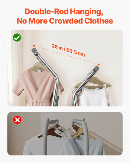 Clothes Rack, Rolling Clothing Garment Rack with 2 Hanging Rods and Storage Basket, 150 kg Load Capacity, Extendable Carbon Steel Clothing Racks with Wheels for Bedroom, Laundry, Living Room