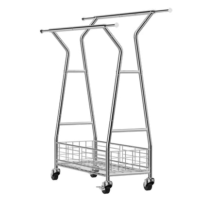 Clothes Rack, Rolling Clothing Garment Rack with 2 Hanging Rods and Storage Basket, 150 kg Load Capacity, Extendable Carbon Steel Clothing Racks with Wheels for Bedroom, Laundry, Living Room