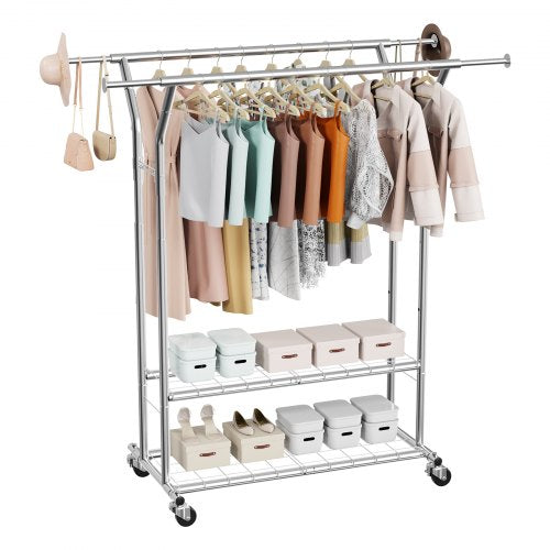 Clothes Rack, Rolling Clothing Garment Rack with 2 Hanging Rods and 2 Storage Shelves, 120 kg Load Capacity, Adjustable Height Carbon Steel Clothing Racks for Bedroom, Laundry, Living Room