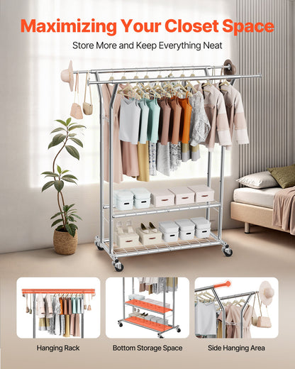 Clothes Rack, Rolling Clothing Garment Rack with 2 Hanging Rods and 2 Storage Shelves, 120 kg Load Capacity, Adjustable Height Carbon Steel Clothing Racks for Bedroom, Laundry, Living Room