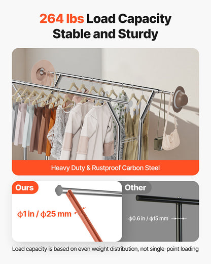 Clothes Rack, Rolling Clothing Garment Rack with 2 Hanging Rods and 2 Storage Shelves, 120 kg Load Capacity, Adjustable Height Carbon Steel Clothing Racks for Bedroom, Laundry, Living Room