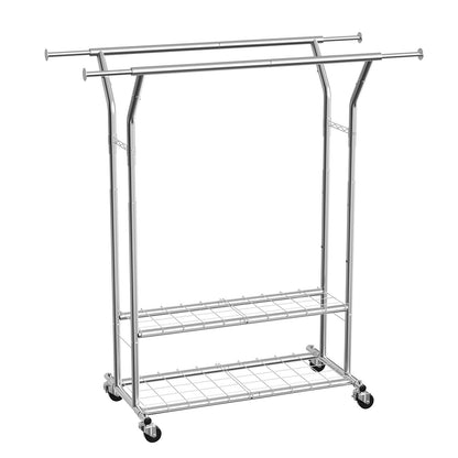 Clothes Rack, Rolling Clothing Garment Rack with 2 Hanging Rods and 2 Storage Shelves, 120 kg Load Capacity, Adjustable Height Carbon Steel Clothing Racks for Bedroom, Laundry, Living Room
