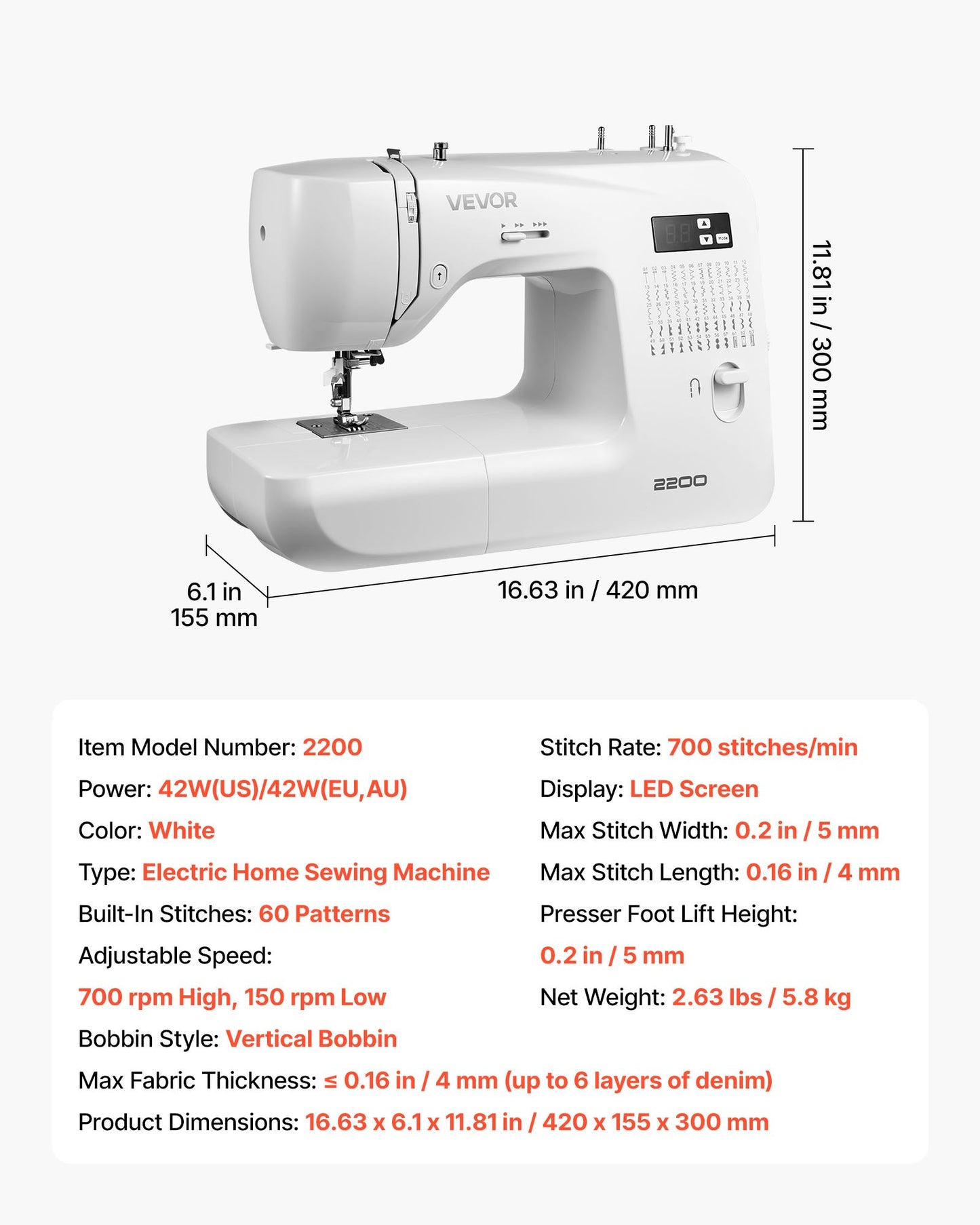 Computerized Sewing Machine, 60 Stitch Applications, with LED Screen, Foot Pedal and LED Light, Heavy-Duty Metal Frame, Digital Sewing Machine with Powerful Motor for Crafts and Mending