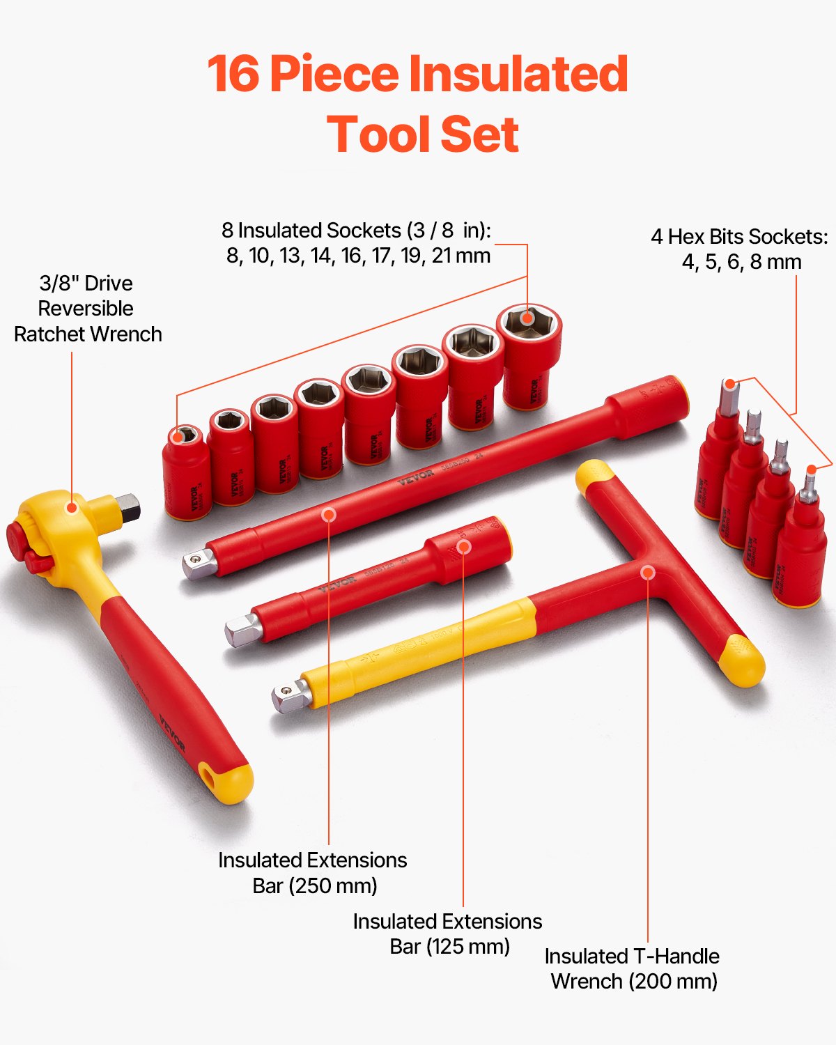 Insulated Socket Set, 16-Piece Insulated Wrench Tool Set, 1000V Insulated Socket Tool, with Insulated Sockets, Insulated T-Handle Wrench, Drive Rachet, Extensions, for Electricians Home Repair