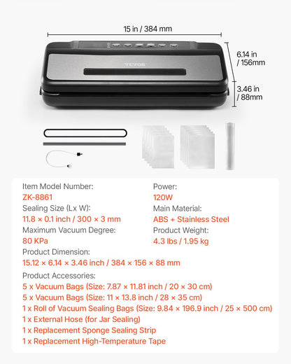Vacuum Sealer Machine, 80Kpa 120W Powerful Compact Food Sealer, 7-in-1 Multi-Functional Food Vacuum Sealer, Automatic Air Sealing System with Built-in Cutter with 10 Vacuum Bags & 1 Bag Roll