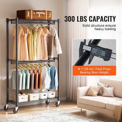 Heavy Duty Clothes Rack, Double Hanging Rods Clothing Garment Rack with Bottom and Top Storage Tier, Rolling Clothing Rack for Hanging Clothes, 2.5cm Diameter Thicken Steel Tube Hold Up to 136.1kg