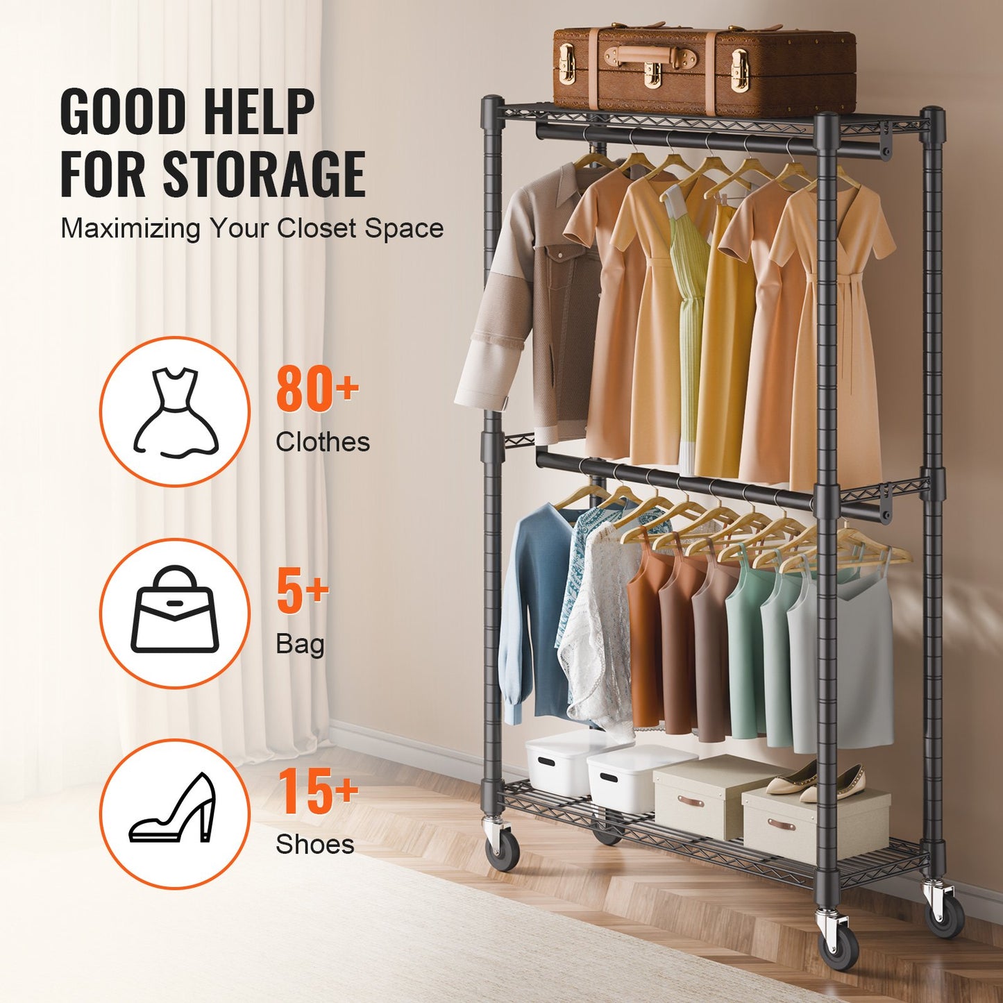 Heavy Duty Clothes Rack, Double Hanging Rods Clothing Garment Rack with Bottom and Top Storage Tier, Rolling Clothing Rack for Hanging Clothes, 2.5cm Diameter Thicken Steel Tube Hold Up to 136.1kg